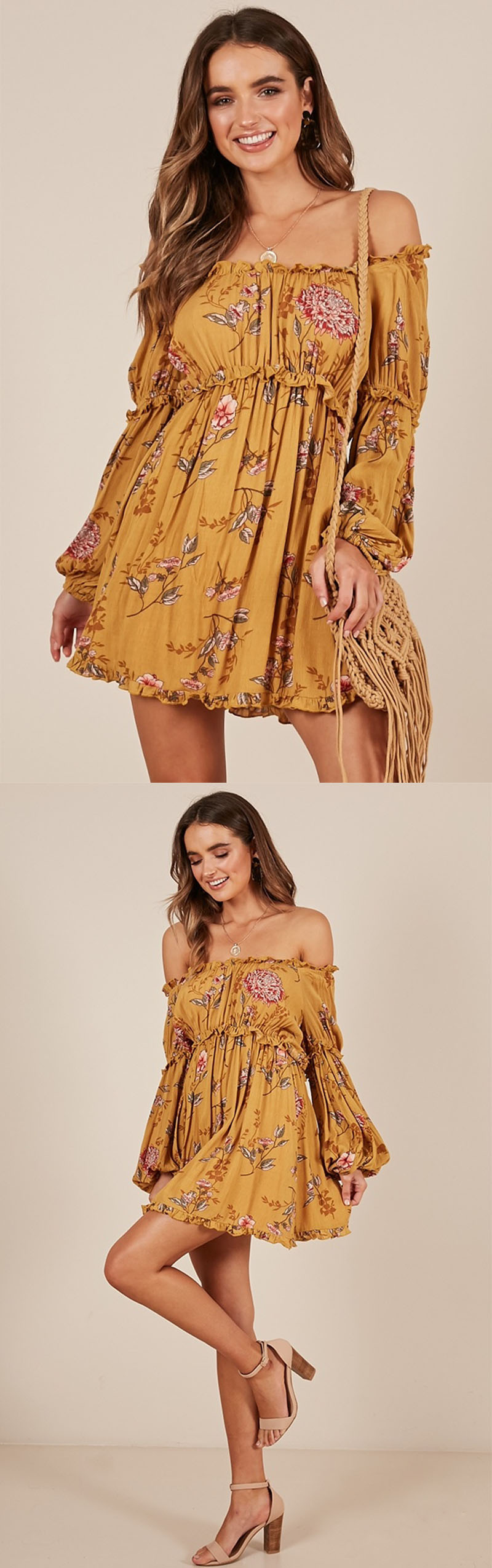Boho Summer Printed Mustard Floral Mini Women Casual Dresses