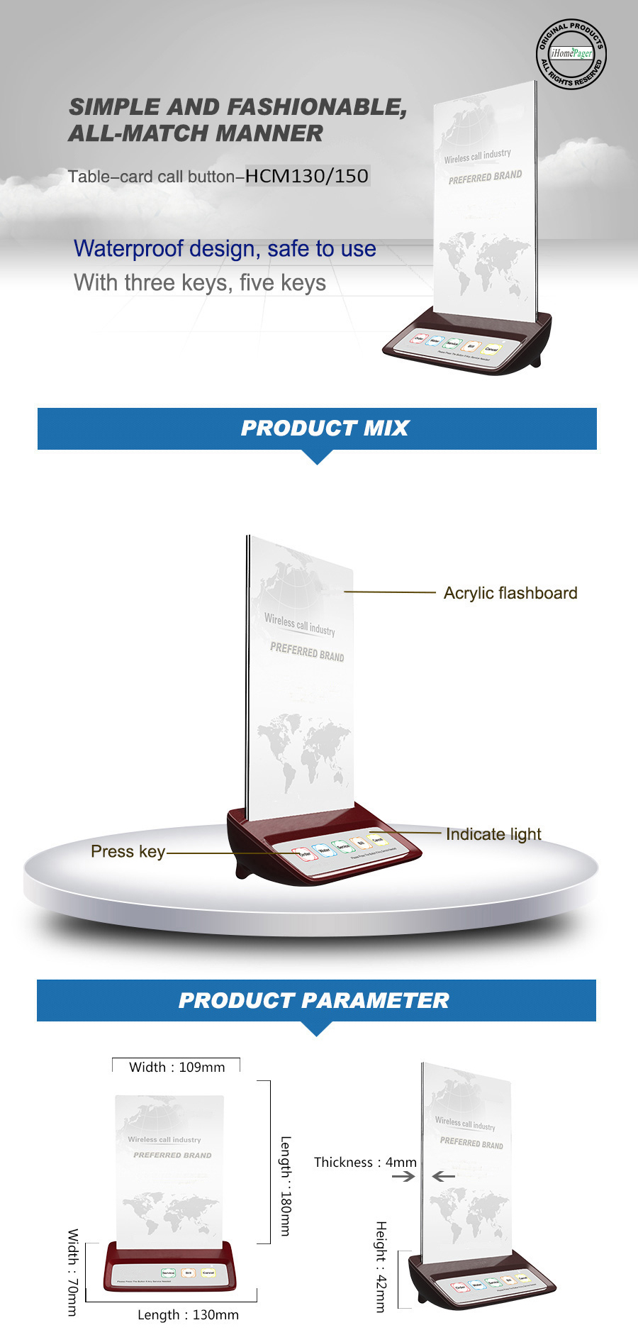Water proof small wireless restaurant server customer paging system table button and screen receiver