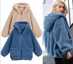 Womens Autumn Winter DTM Hooded Open Front Lamb Wool Coat