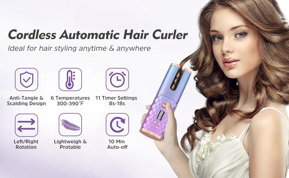 Portable 35W Auto Rotating Hair Curler With 6 Temps And Timers