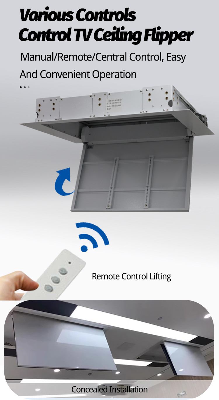 Motorized ceiling TV lift and flip hidden bracket