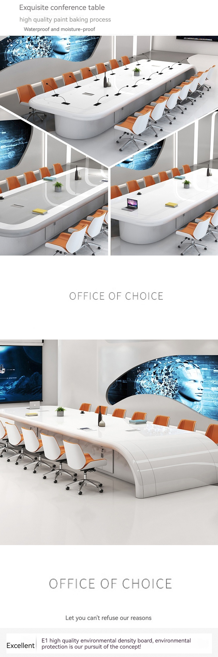 White Paint Baking Veneer Conference Table and Chairs Set with Extendable Function
