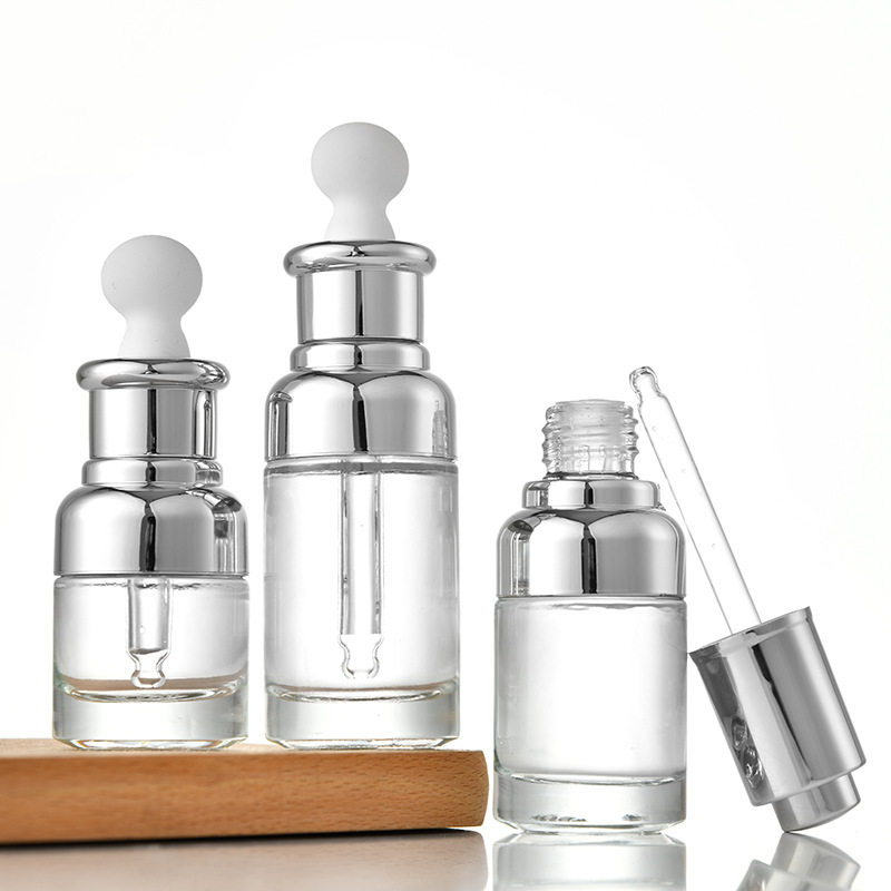 Round Glass Bottle Alu Dropper Essential Oil Bottle with Box Customize Luxury Oil Push Button Flat Shoulder 20ml 30ml 50ml