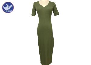 China V Neck Short Sleeves Summer Womens Knitted Dresses Green Ribs Design Viscose Nylon wholesale