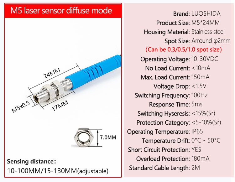 LUOSHIDA Small Diffuse Laser Sensor Diffuse Photoelectric Sensor NPN PNP NO NC Output