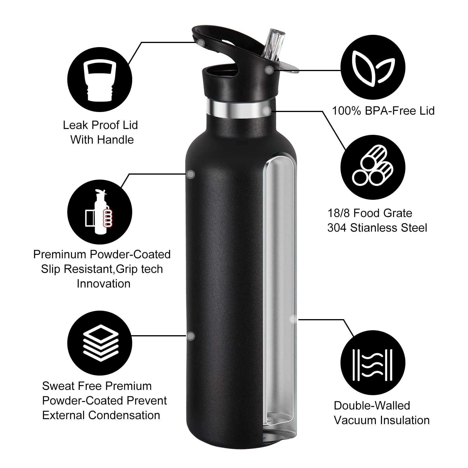 24 Oz Insulated Water Bottle With Straw Stainless Steel Water Bottles With 2 Lids Reusable Leakproof Water Flask Keep Hot And Cold Sports Metal Water