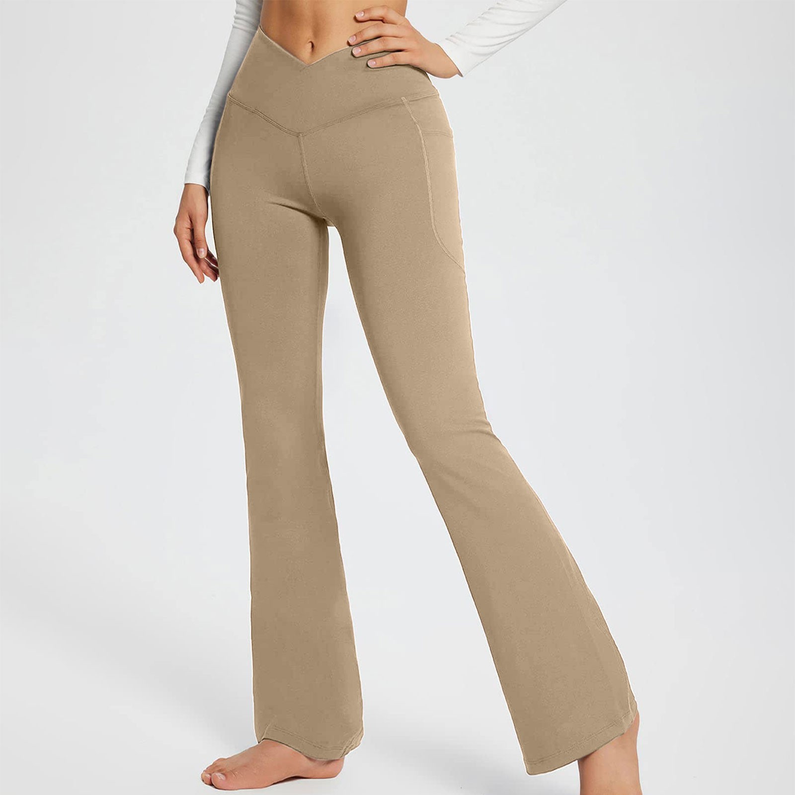 Women'S High Waist Flare Pants Trendy Crossover Yoga Pants Workout Bell Bottom Leggings With Pockets