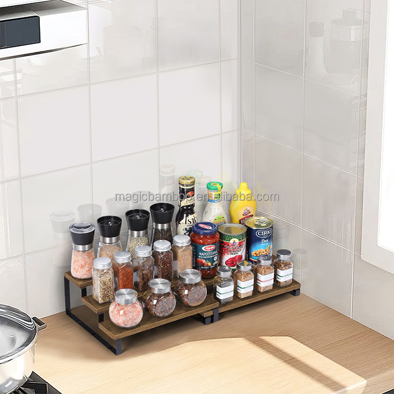 3 Tier Expandable Bamboo Kitchen Shelf Organizer Spice Rack Sustainable