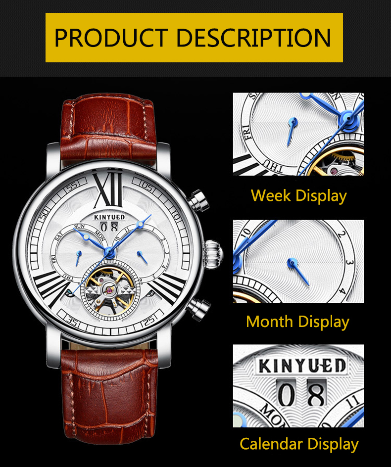 Brown Genuine Leather Luxury White Dial Automatic Movement Mens Waterproof Automatic Mechanical Watch