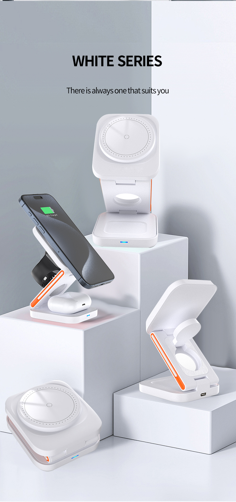Mobile Phone Stand 3-in-1 Foldable Magnetic Wireless Charger with Over-Charging Protection and USB-Type C Input Port