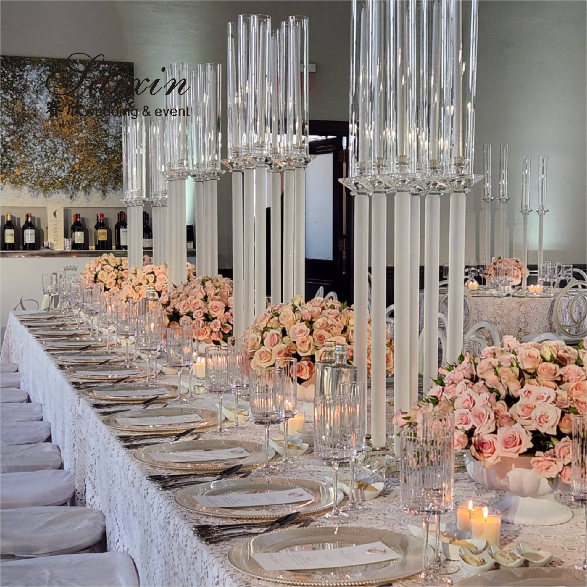 ZT-062 Chic 4 pcs different size white stem crystal pillar candle holder for decor wedding centerpieces