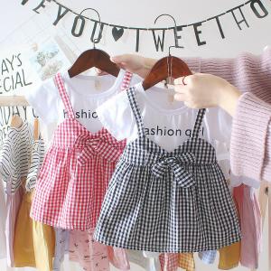 China Black White Plaid Children'S Dress Clothing Round Neck Short Sleeve Dress With Bowknot wholesale