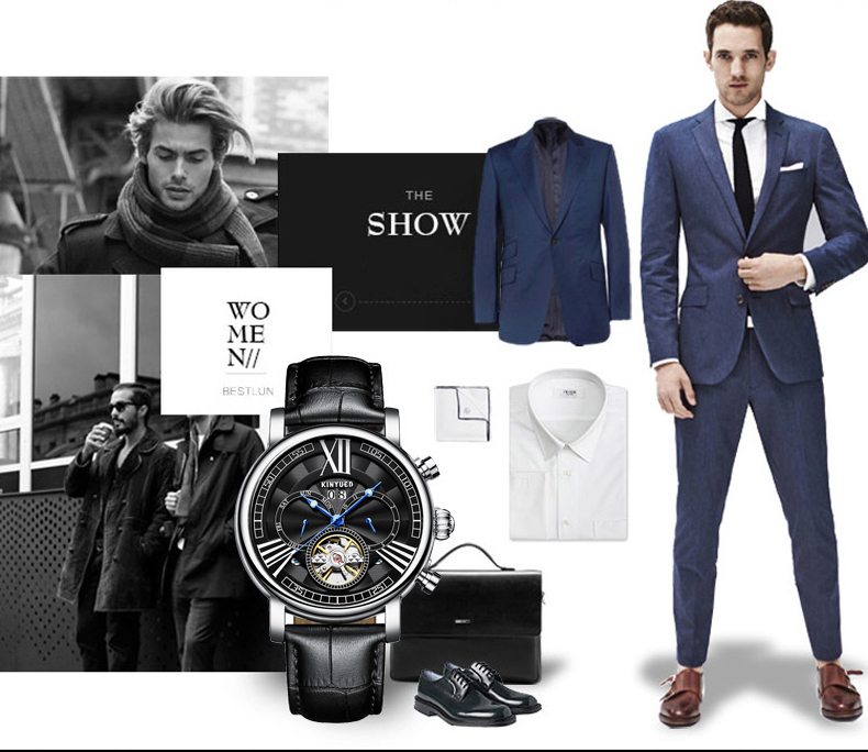 Luxury Brand KINYUED Winner Automatic Mechanical Movement Genuine Leather Waterproof Automatic Mechanical Mens Watch