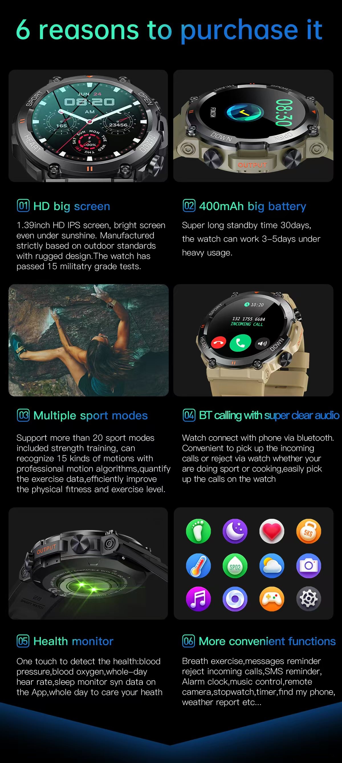 K56 Pro Outdoor Men Smart Watch 1.39 Inch IPS Round Screen BT Call Heart Rate Fitness
