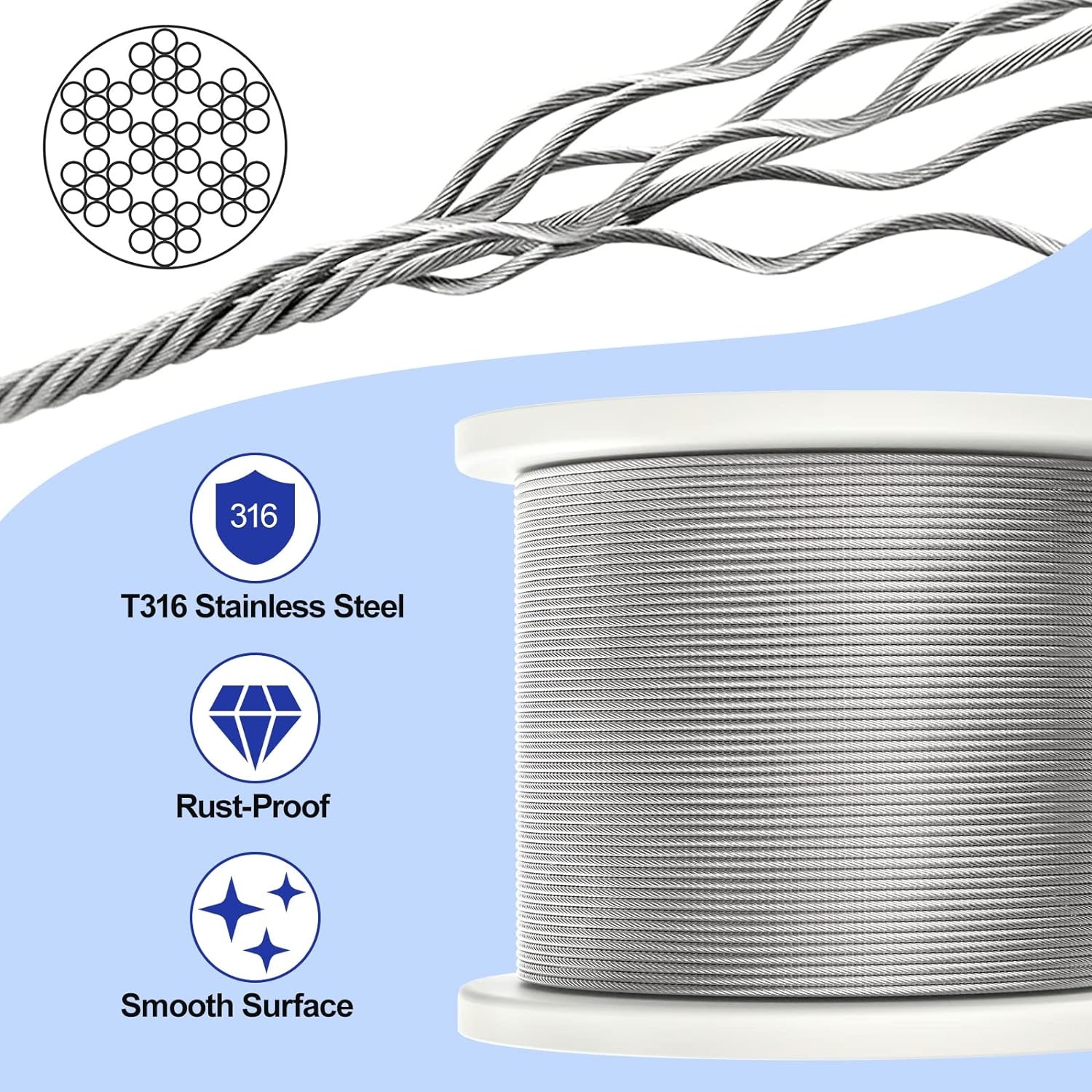 Erosion Resistant T316 3 16 Aircraft Cable 1000FT SS 1x19 7x7 7x19 Rainproof