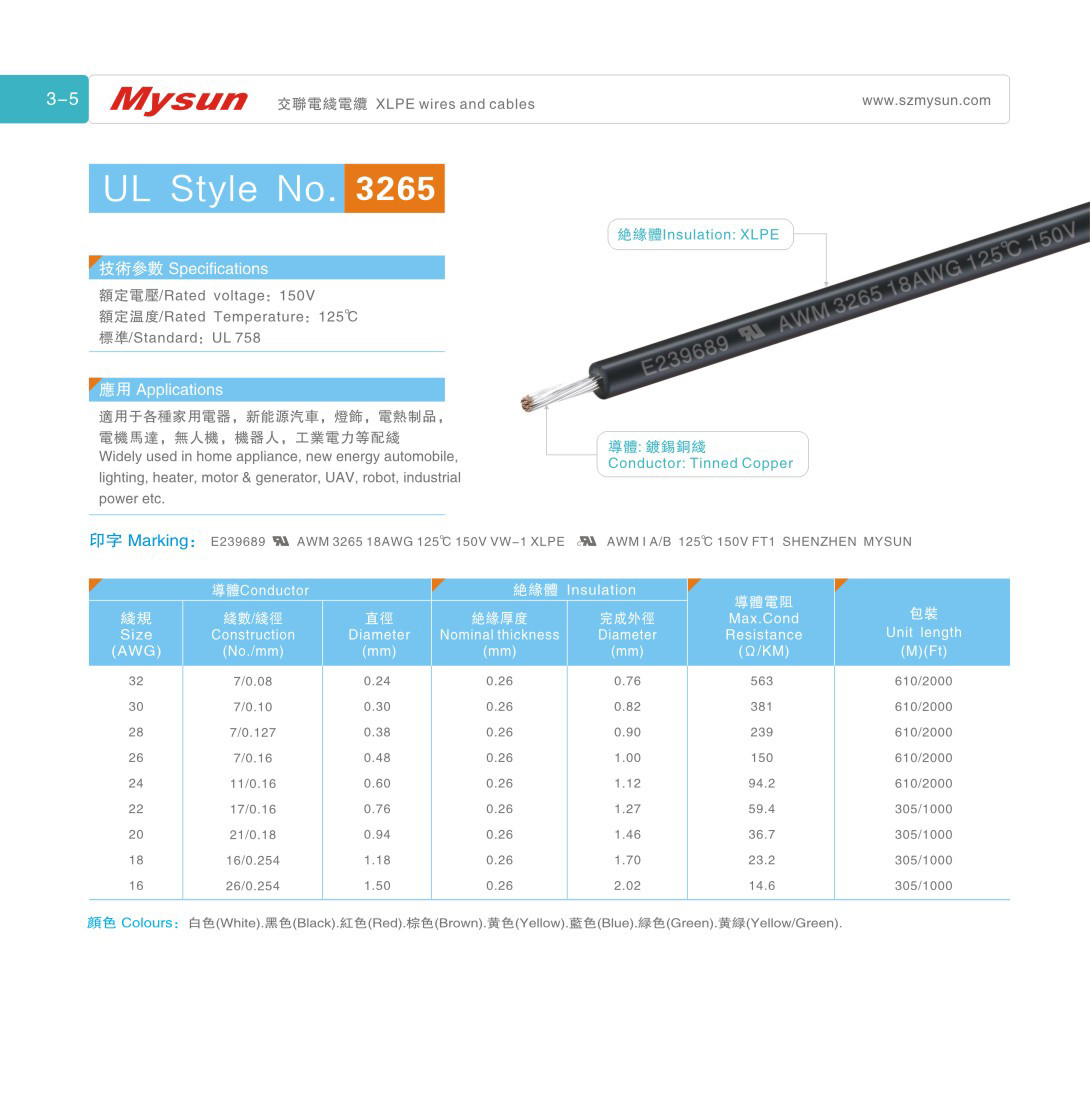 UL3265 150V 125c 16-32AWG XLPE Wires And Cables FT-2 For Home Appliance Heater Industrial Power