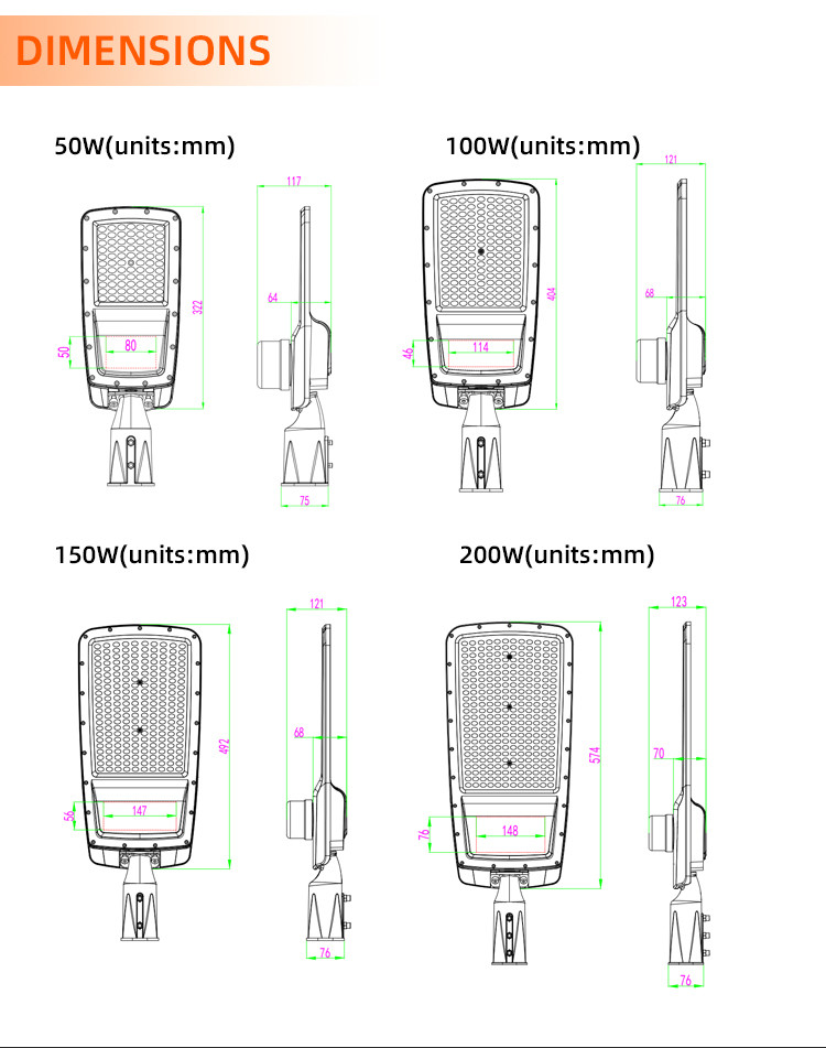 Parking Lot Outdoor LED Street Light 50W 100W 150W 200W Roadway