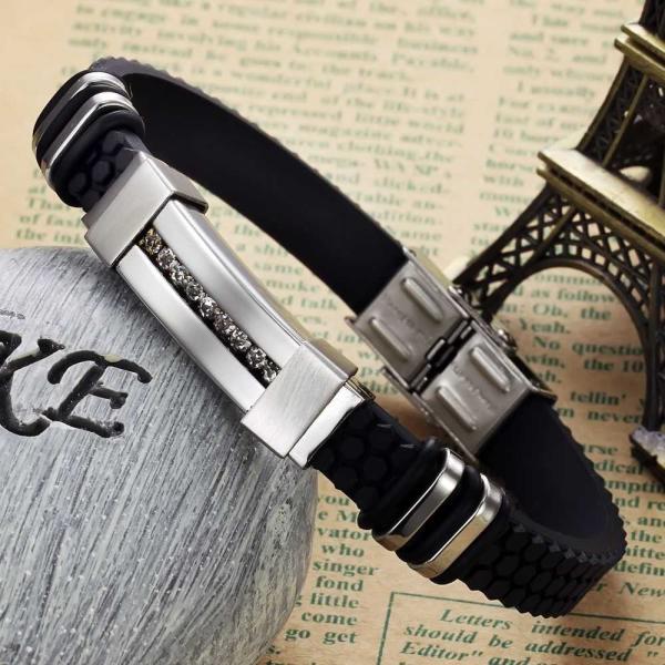 Tagor Stainless Steel Jewelry Super Fashion Silicone Leather Bracelet Bangle