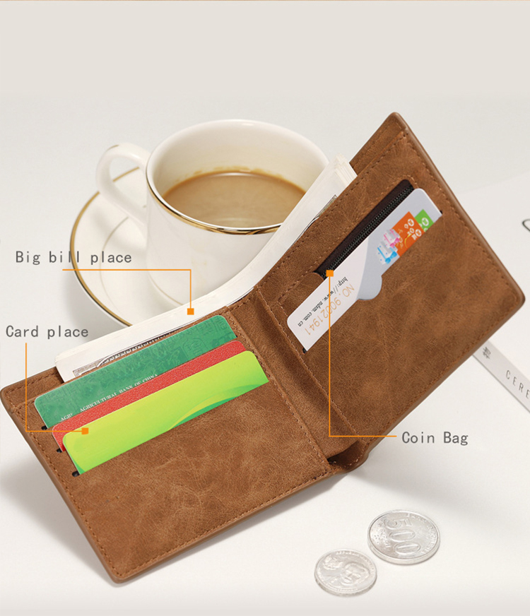 PU Main Material Men's Short Wallet with Vintage Crazy Horse Leather and Multifunction