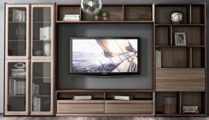 China 2017 New Walnut Wood Furniture Design Living room Combined TV Wall Units by Tall Cabinets and Floor stand &amp; Hang Racks wholesale