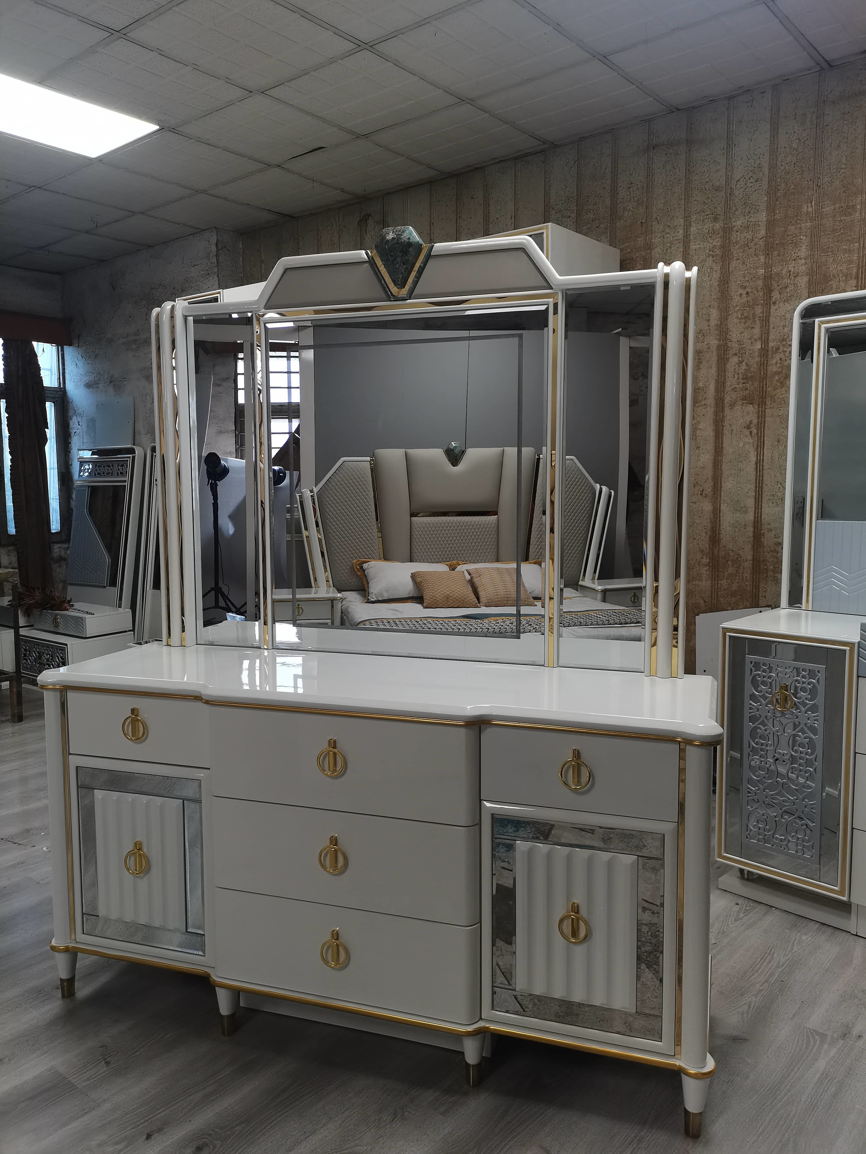MDF Glass Bedroom Sets Furniture Wardrobe Bed Side Table Dressing Table Full Set
