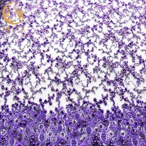 China Sparkling Glitter Purple Embroidered Lace Fabric Luxury Pearls For Evening Dress wholesale