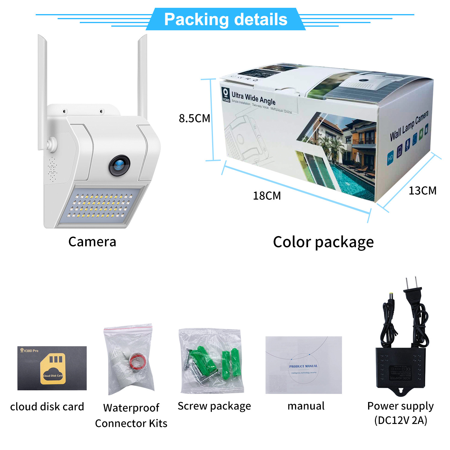 H.265 2MP wide angle view two way audio 2.8mm lens WiFi 20m ir distance TF card slot Dual light source courtyard camera