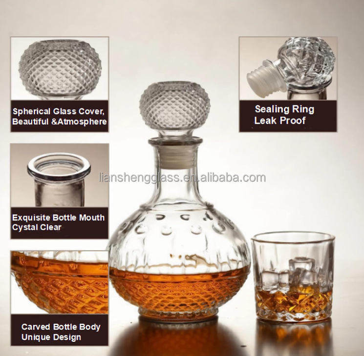 Glass Collar Customized Logo 750ml Whisky Decanter For Luxury Carved Liquor Decanter