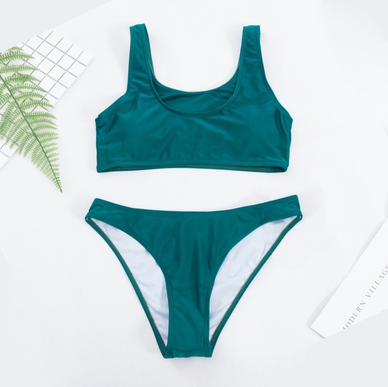 Solid color Scoop Neck Sport Top With High Waist Bikini