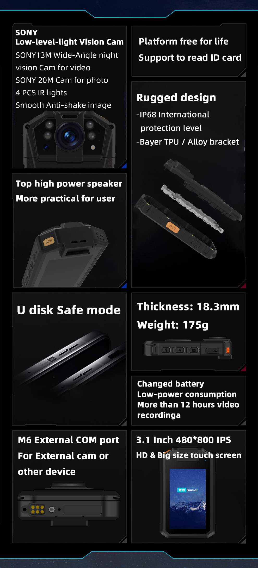 Waterproof Law Enforcement Body Worn Cameras Andriod Low Light Security Camera