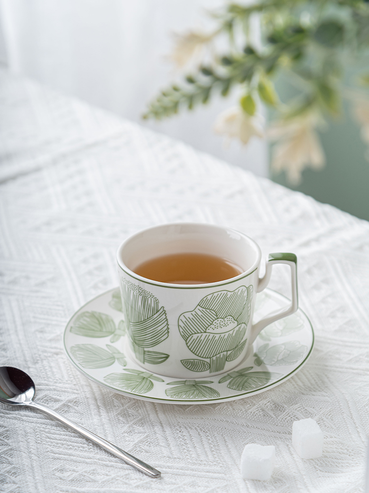 Sustainable Nordic Style Printed Flower Ceramic Coffee Cup And Saucer 200ml Volume