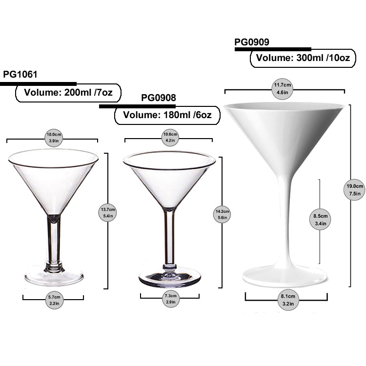 Curved Stem Plastic Martini Glasses Bacardi Polycarbonate Cocktail Glasses