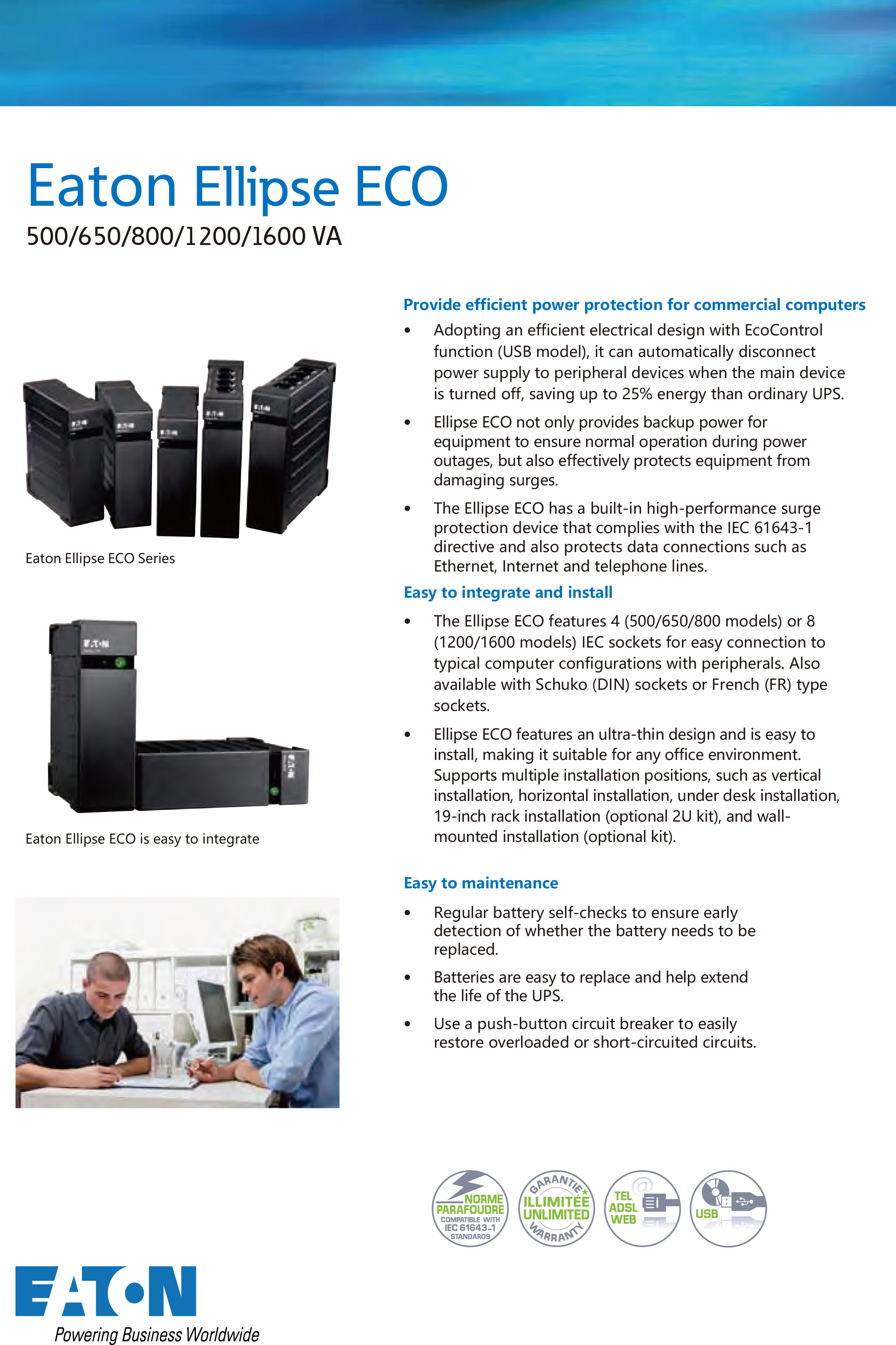 Electric Energy 1.5 Wh Eaton Ellipse ECO UPS 650VA 800VA 1200VA 1600VA for Computers