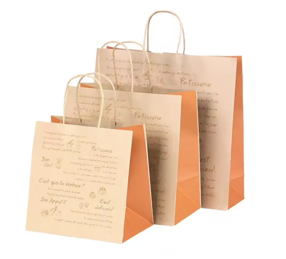 Customized grocery kraft paper bag, takeaway paper bag with twisted handle, and beverage logo