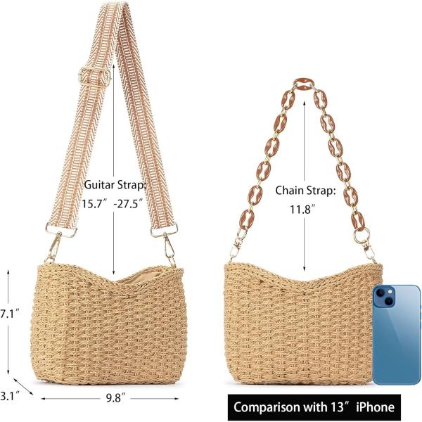 HERALD SMALL HANDMADE STRAW POCKETBOOK CROSSBODY BAG FOR WOMEN, SUMMER CHIC WOVEN HANDBAG SHOULDER PURSE WITH CHAIN