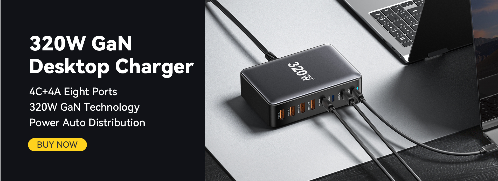 ESSAGER YMX-320W Series PD 20W 65W 100W QC 18W 8 Ports USB-C USB-A GaN Charger