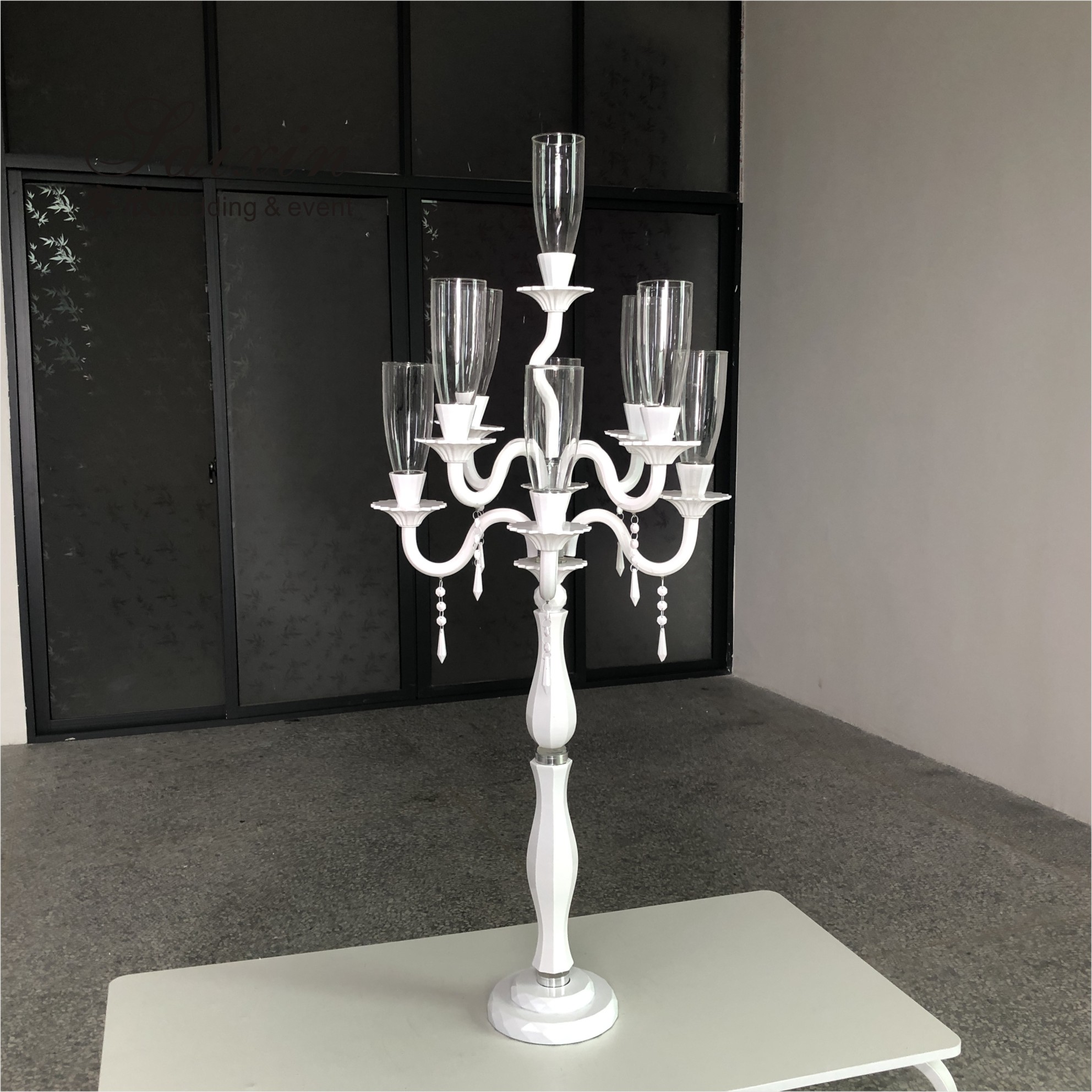 Blue Crystal Glass Candelabra Hurricane 9 Arm White Crystal Candelabra For Event Decor