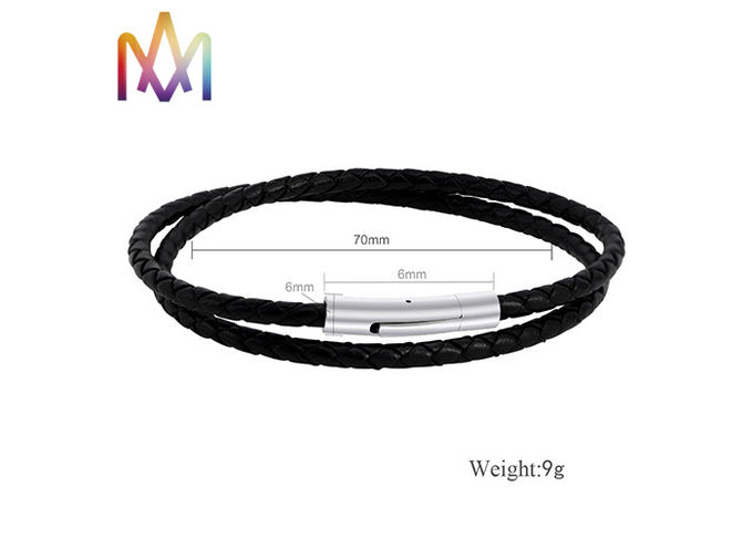 Snap Fastener Black Woven Mens Leather Bracelets Engraved