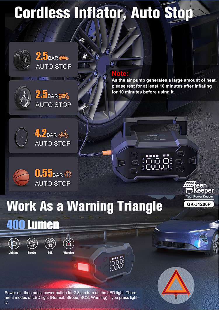 Quick Start Power Pack GK-J1206P 150Psi Air Compressor for Car 4 Wheel Jump Starting