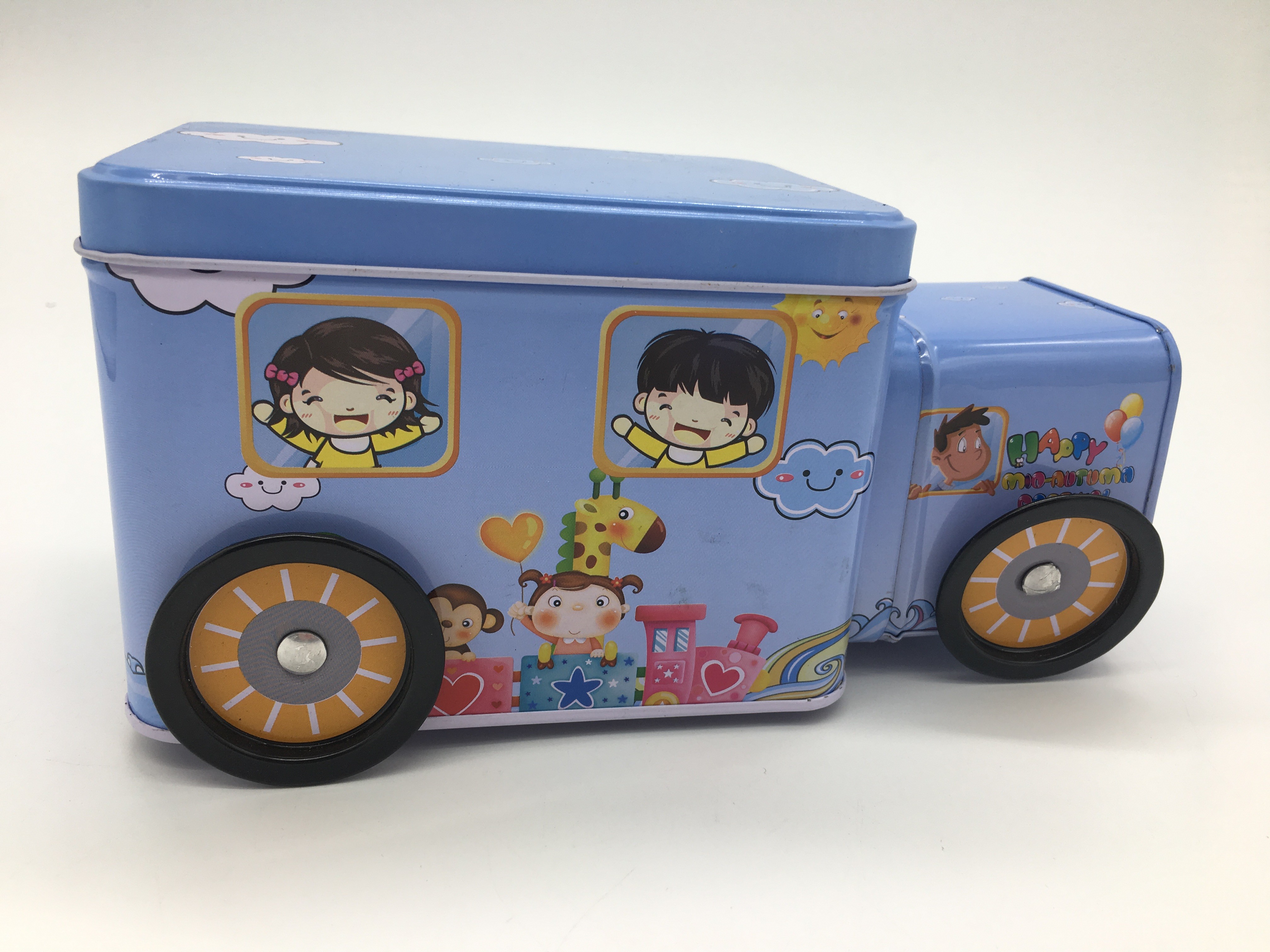 Candy Storage 2 Tin Branded Gift Boxes Blue Car Shape With Four Wheels For Kids