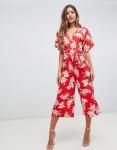 custom make V neck tie waist floral jumpsuit for girls