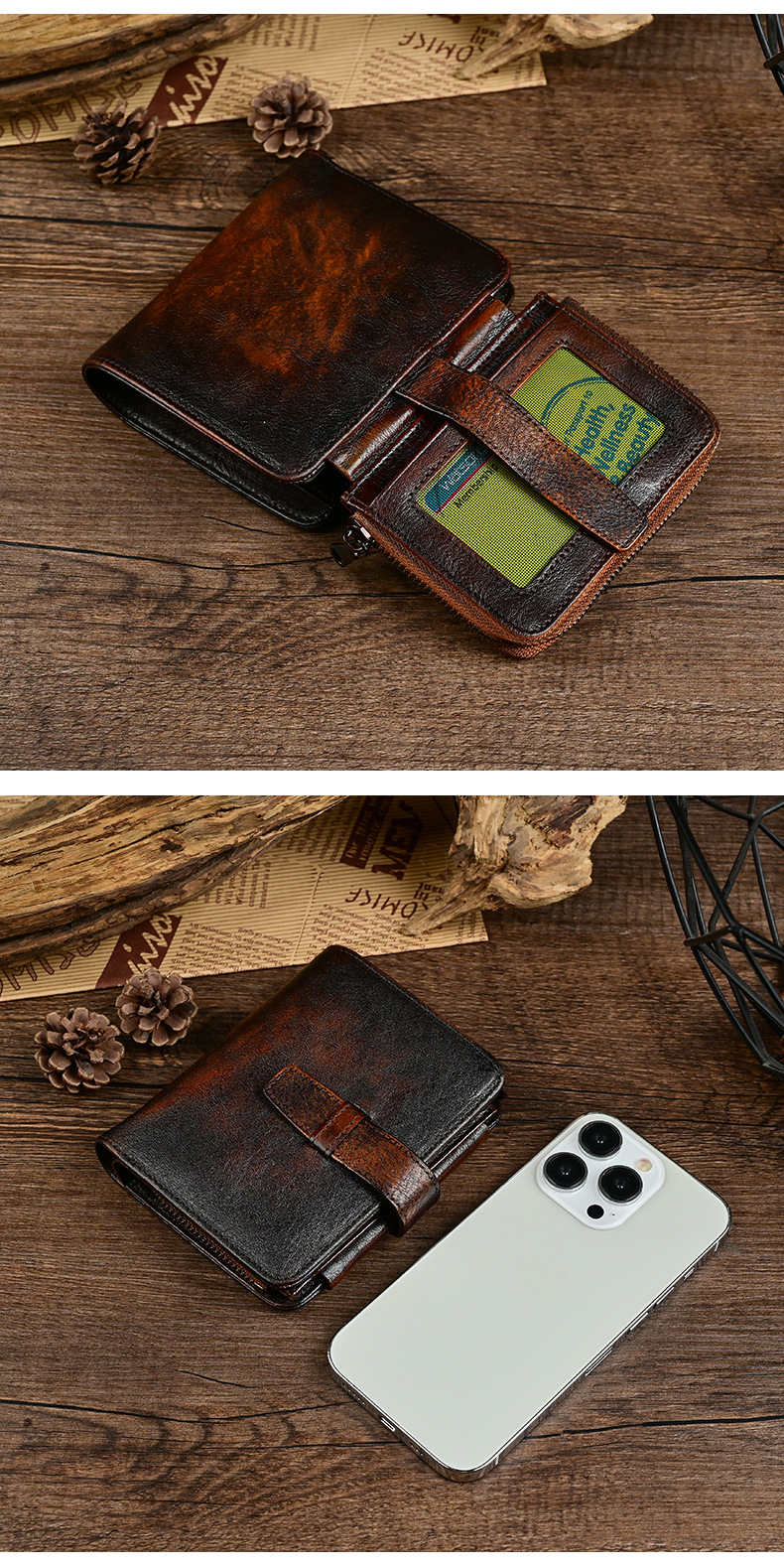 Nylon Lining Material Men's Genuine Leather Wallet For Men Vintage Cowhide Money Clip