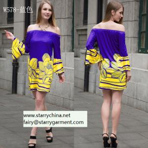 China plus size rose printed ladies' short dress with off-shoulder bold color for women wholesale