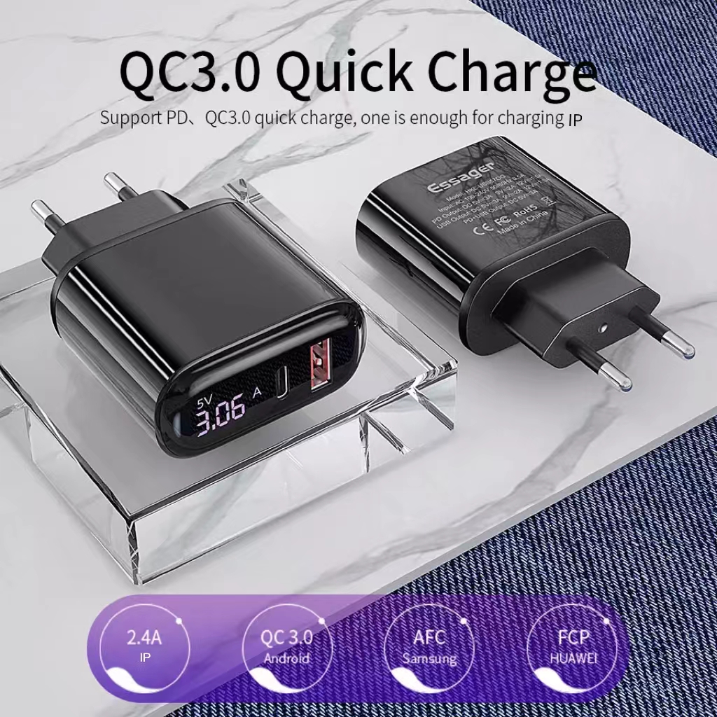 Essager 2021 Shining LED Display 3A Fast Charger USB Type Charger Cable USB PD QC3.0 Mobile Phone Charger