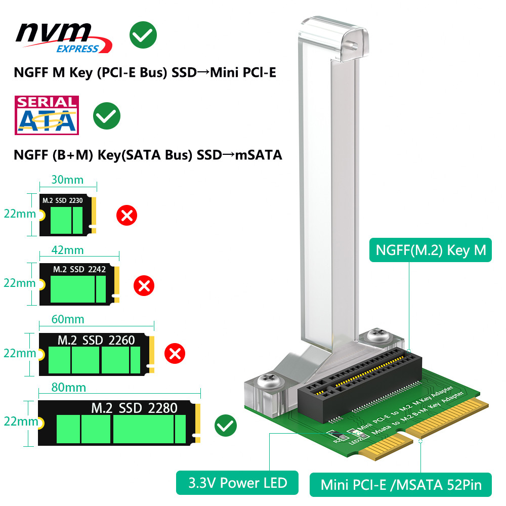 M.2 NGFF Nvme SSD To Mini PCI-E Adapter (Vertical Installation) For 2280 NVME SSD