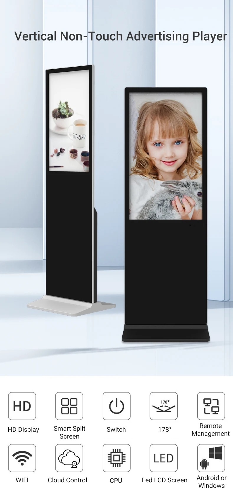350cd/M2 Floor Standing Android Indoor Digital Display Screens 32/43/50/55/65