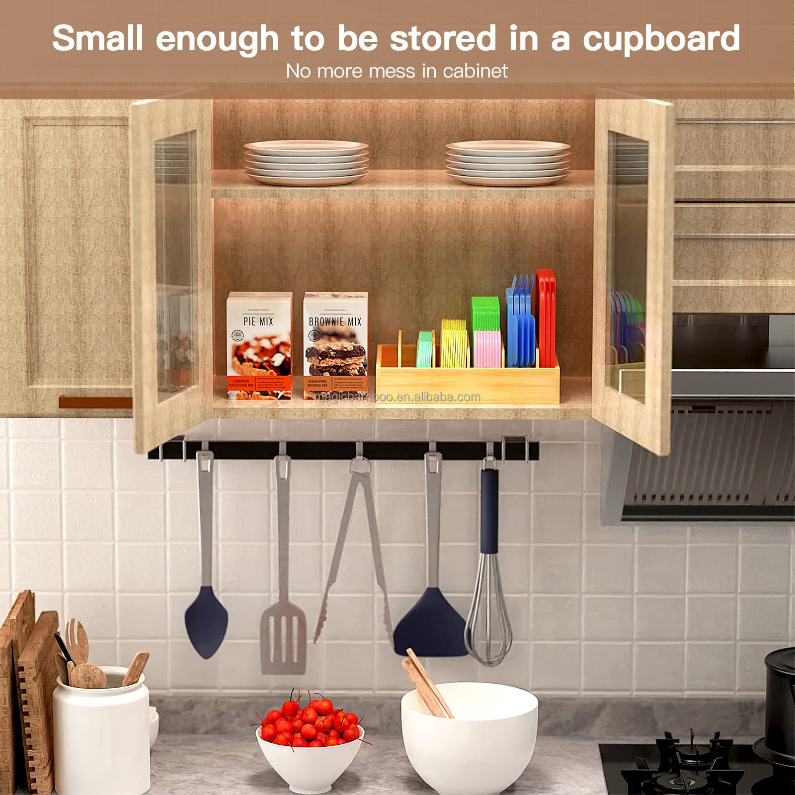 Bamboo Food Container Lid Organizer with Adjustable Dividers 30.49 x 25.41 x 6.36 CM