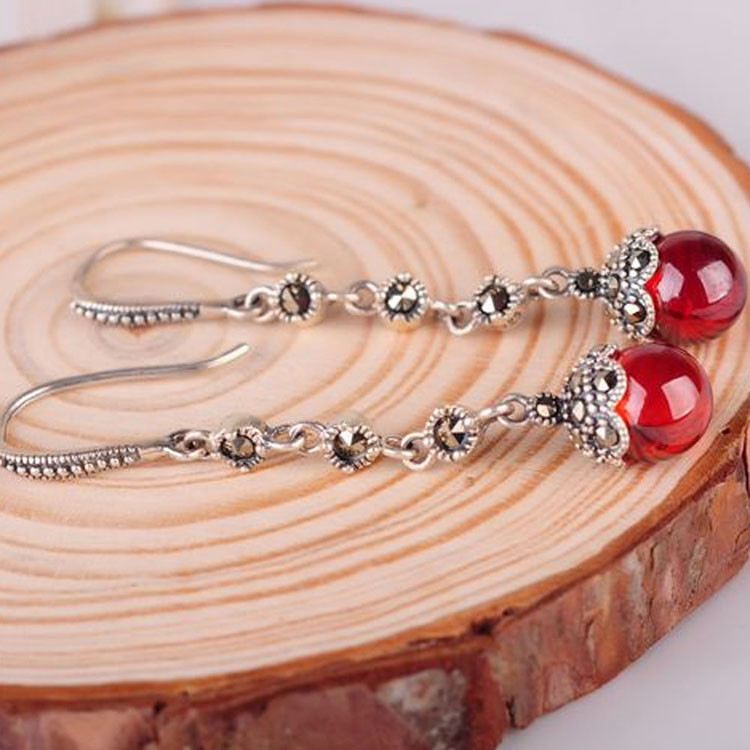 Antique Thai Silver Jewelry Sterling Silver Red Garnet Marcasite Drop Dangle Earring (E12031RED)