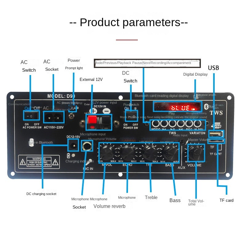 Rechargeable Trolley Stereo Car Subwoofer Audio Power Amplifier PCB Board 2.0 Channel 12V with Private Mold Design