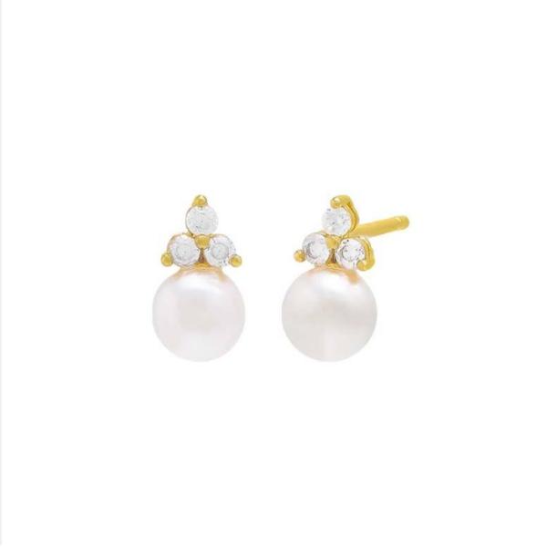 925 Sterling Silver AAAA Grade Gold Plated Freshwater Pearl Stud Earrings with Diamond Studs